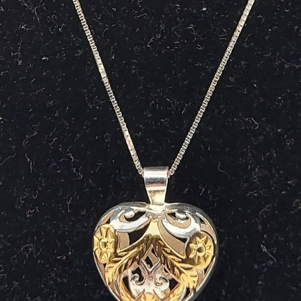 Vintage 925 Box Chain w/Puffy Filigree Heart,VG.